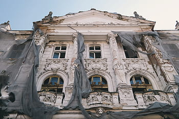 architecture, building, mansion, manor, old, decrepit, windows, balcony, white