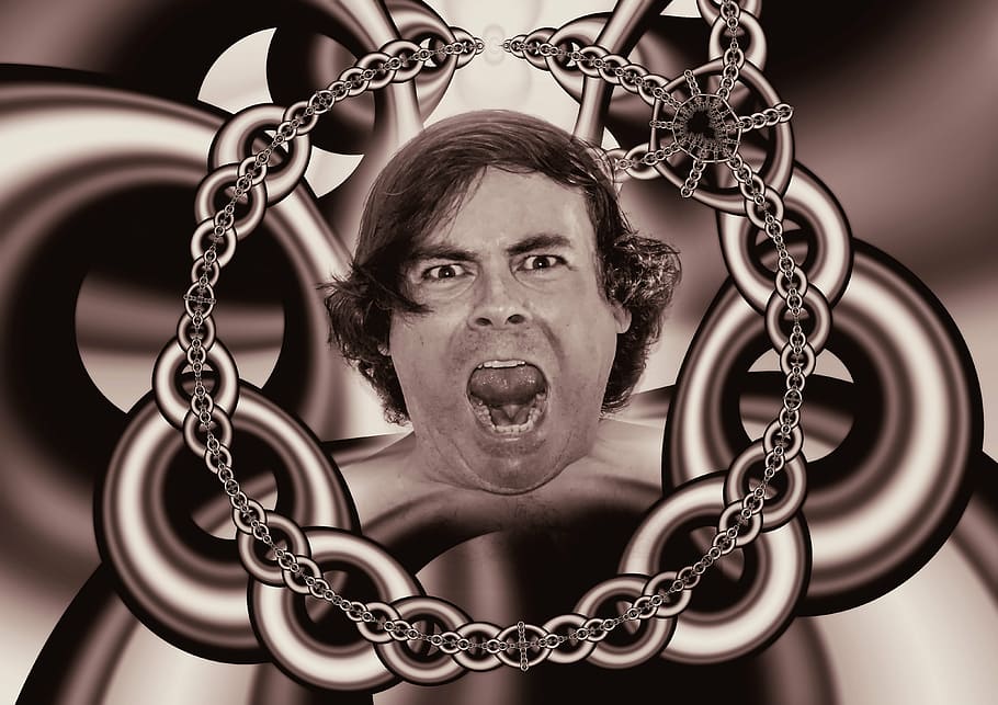 man portrait, chains, caught, psyche, man, patient, cry, suffering, psychiatry, thinking disorder, delusion