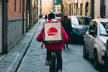 man, riding, bicycle, street, daytime, foodora, bike, delivery, box, food delivery, traffic