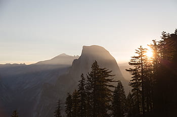 sunset, mountains, cliffs, trees, sky, nature, adventure, outdoors