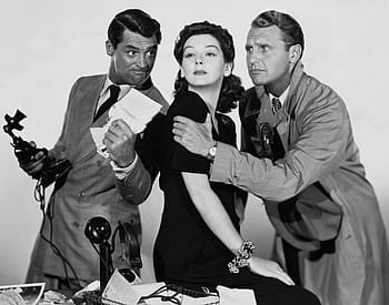 fotografie ve stupních šedi, žena, dva, muži, grant, rosalind russell, ralph bellamy, herec, herečka, slavný, hvězd