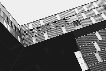 grayscale photography, building, low, angle, metal, frames, daytime, abstract, architecture, design, black and white