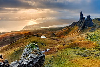 krajinářské fotografie, zelená, hora, tělo, voda, krajina, Skotsko, isle of skye, starý muž storr, ráno, svítání
