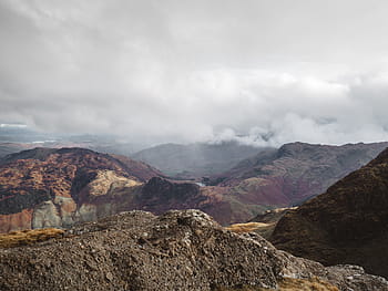 fog covering mountain, mountain, highland, rocks, hill, clouds, sky, summit, ridge, peak, landscape