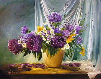 Malerei, lila, Blumenschmuck, Bild, Kunst, Menstruation, Blumen, Vase, Ölgemälde