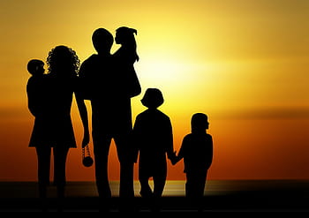 silhouette photo, family, sunrise, shadow, sunset, children, silhouette, standing, group of people, boys, full length