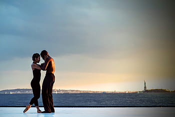 man, holding, woman, body, water, couple, standing, near, golden, hour, performing arts