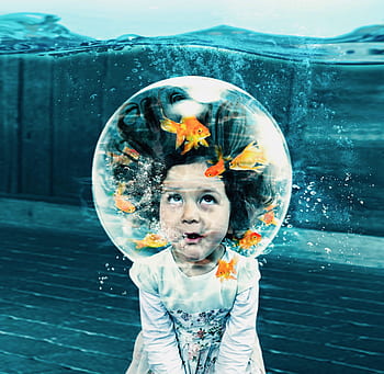 fantasia, creativo, ragazzina, pesce, ciotola di pesce, subacqueo