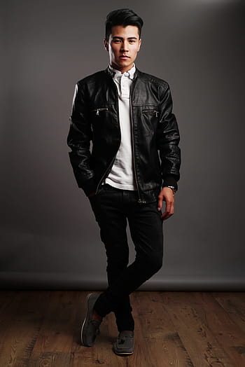 man, black, leather jacket, white, shirt, pants, straight looking, photoshoot, model, businessman, corporate