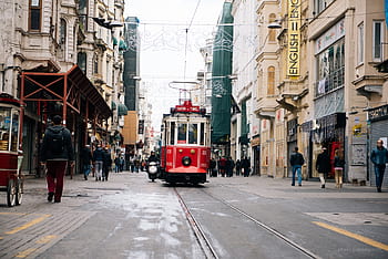 tramvaj, vozíku, ulicích, město, lidé, chodců, chůze, budov, obchodů, architektura