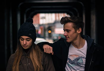 man, leaning, woman, shoulder, people, friends, dark, urban, city, two people, young adult