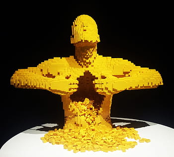 umění, Pohled, nathan sawaya, lego, cihly, sochařství, žlutá, psychologie, myšlenky, muž, zlaté barvy