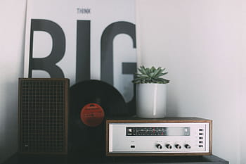 amplificatore grigio, tavolo, Radio, pianta, le foglie, verde, vinile, album, CD, musica, suono