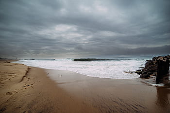 strand, storm, overskyet, skyer, sand, ocean, hav, bølger, vand