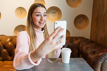girl, young, board, phone, mobile, café, smile, coffee, uses, internet, beautiful