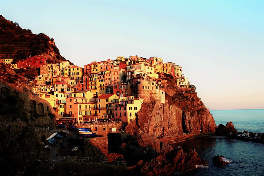 cestovat, vod, moře, costa, panoramatický, manarola, cinque terre, barevné domy
