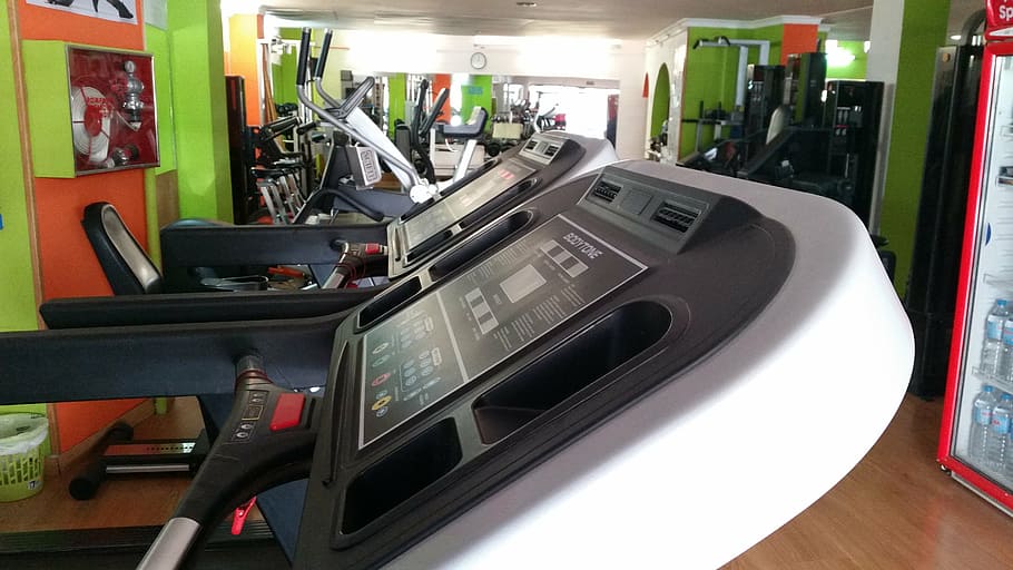 bílý, šedá, běžecký pás, zdatnost, studio, výcvik, sport, zařízení, technologie