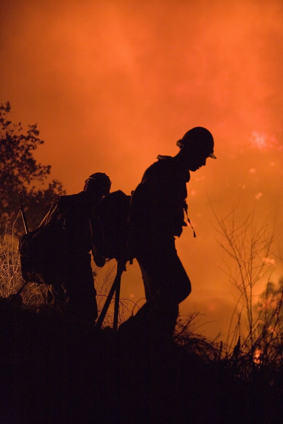 pompiere, incendio forestale, silhouette, caldo, calore, pericoloso, bruciare, fiamme, Fumo, acqua, attrezzatura