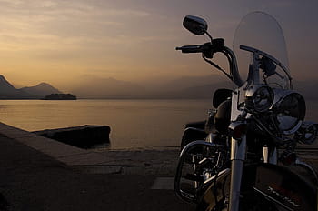 black, cruiser motorcycle, parked, seashore, Harley, Italy, Sunset, road king, motorcycle, hog, fatboy