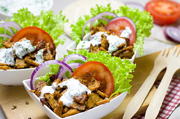 3 misky, bramborový salát, doner kebab, bezmasý, vegetariánský, vegan, Svačina, potravin, cibule, rajče, gyroskopy