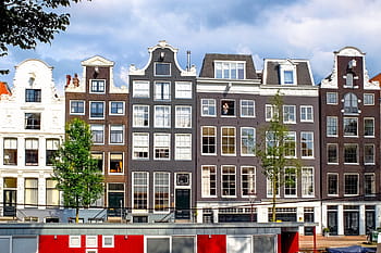 home, house, facade, brick, painted brick, architecture, cloudy weather, barge, amsterdam, netherlands, holland