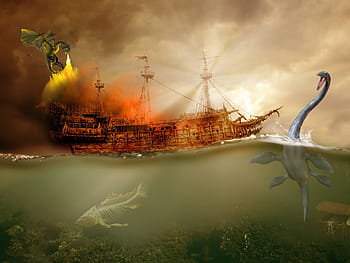 two, attacking, boat, Dragons, Monsters, attack, beasts, danger, dinosaur, disaster, fire