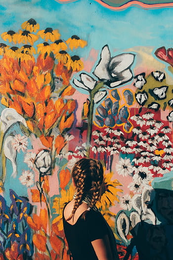 woman, black, shirt, looking, wall mural, man, girl, back, braid, wall, flowers
