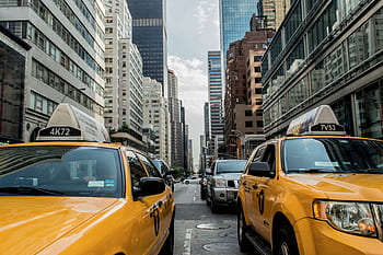yellow, taxis, street, road, traffic, new york, city, buildings, cars