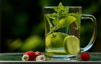 Průhledná, skleněný hrnek, citrus, ovocný řez, voda, napít se, detox, detoxikační voda, citrón, zitronenscheiben, citronový balzám
