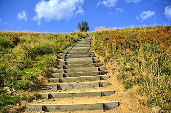 gray, cement stair, surrounded, grass, blue, white, cloudy, sky, bieszczady, tarnica, beech berdo