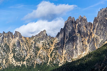 mountain, valley, rocks, hill, landscape, nature, blue, sky, clouds, trees, plant