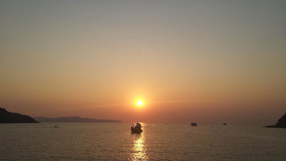 pláž, západ slunce, krajina, pattaya, krát, scenérie, loď