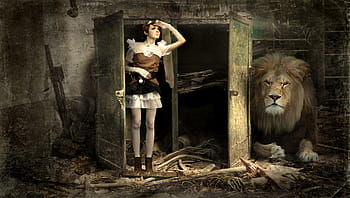 woman, door, lying, cabinet, lion, lapsed, old, broken, risk, steampunk, composing