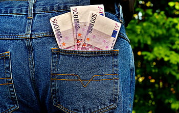 three, 500 euro banknotes, person, pants pouch, Money, Euro, Jeans, Back Pocket, pocket, currency, finance