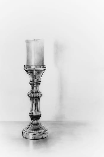 pencil drawing, pencil, candlestick, candle, graphite, art, drawing, painting, reflection, silver, shiny