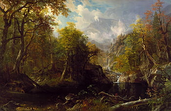 green, trees, river illustration, albert bierstadt, landscape, art, artistic, painting, oil on canvas, sky, clouds
