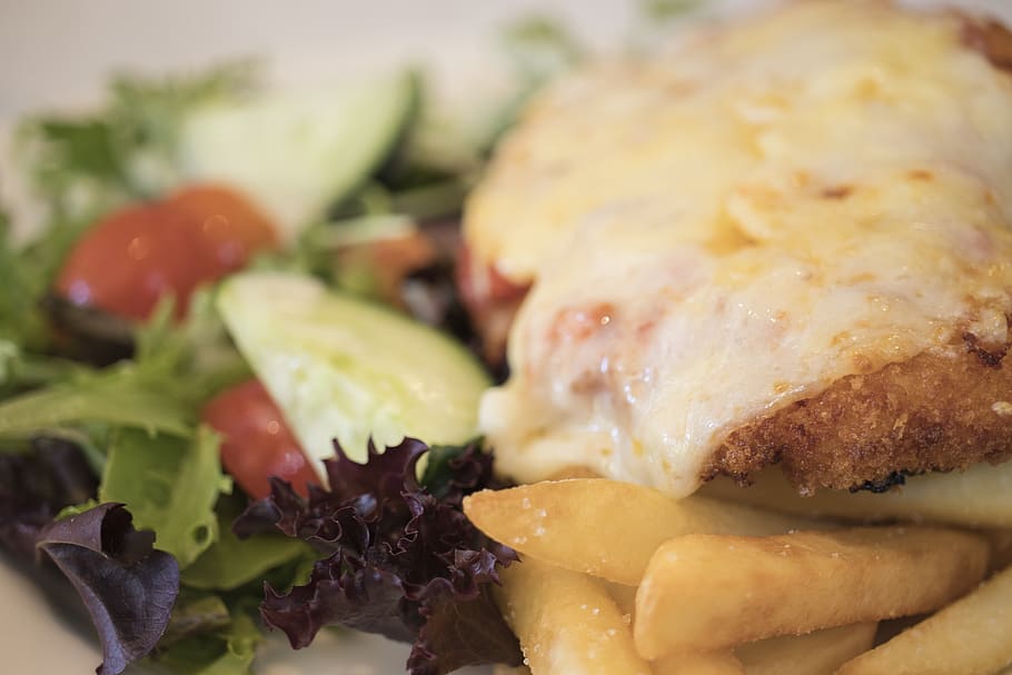 oběd, kuře, parmigiana, večeře, jídlo, restaurace, Lahodné, vaření, Chutný, salát, jíst