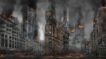 burning, buildings, daytime, apocalypse, war, disaster, destruction, armageddon, apocalyptic, city, building