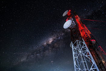 two, white, satellite dishes photo, nighttime, tower, antennas, technology, communication, mobile, cellular, radio