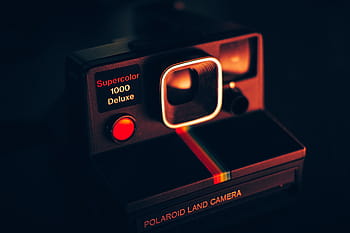 black, maroon, polaroid instant camera, polaroid, camera, photography, technology, dark, night, light, indoors