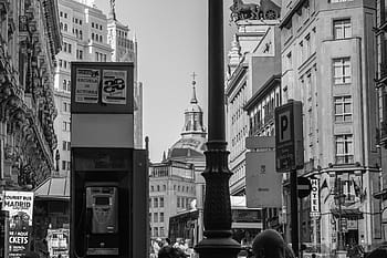 šedá, měřítko fotografie, telefonní budka, vysoký, budovy, šedá stupnice, fotografie, výškové budovy, Černý a bílý, budov, město