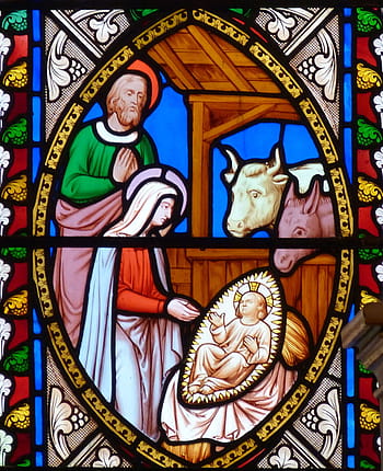 pittura religiosa, Chiesa, Natale, culla, maria, Gesù, Josef, bue, asino, finestra, finestra della chiesa
