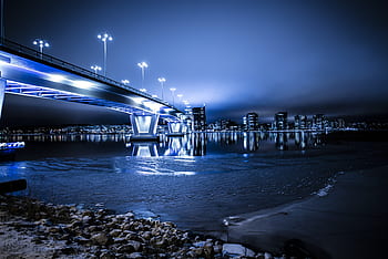 architecture, buildings, infrastructure, sky, lights, night, bridge, river, water, coast, city