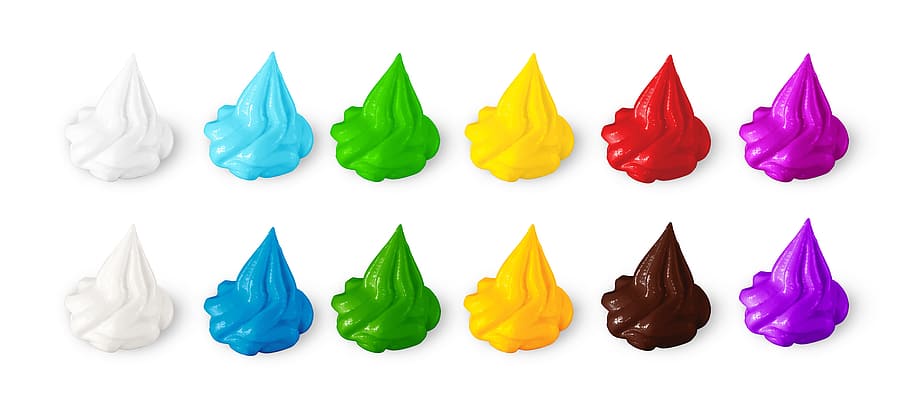 assorted, colors, fluffy, slimes, sweet, dessert, screen, whipped cream, white, piana, blue