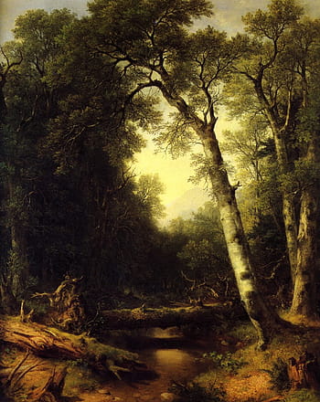 painting, river, trees, asher durand, art, artistic, artistry, oil on canvas, landscape, sky, clouds