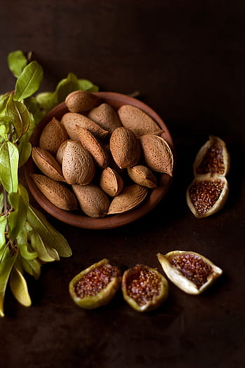 brown almond nuts, brown, hazel, nuts, flower, pot, green, leaves, plant, fruit, bowl