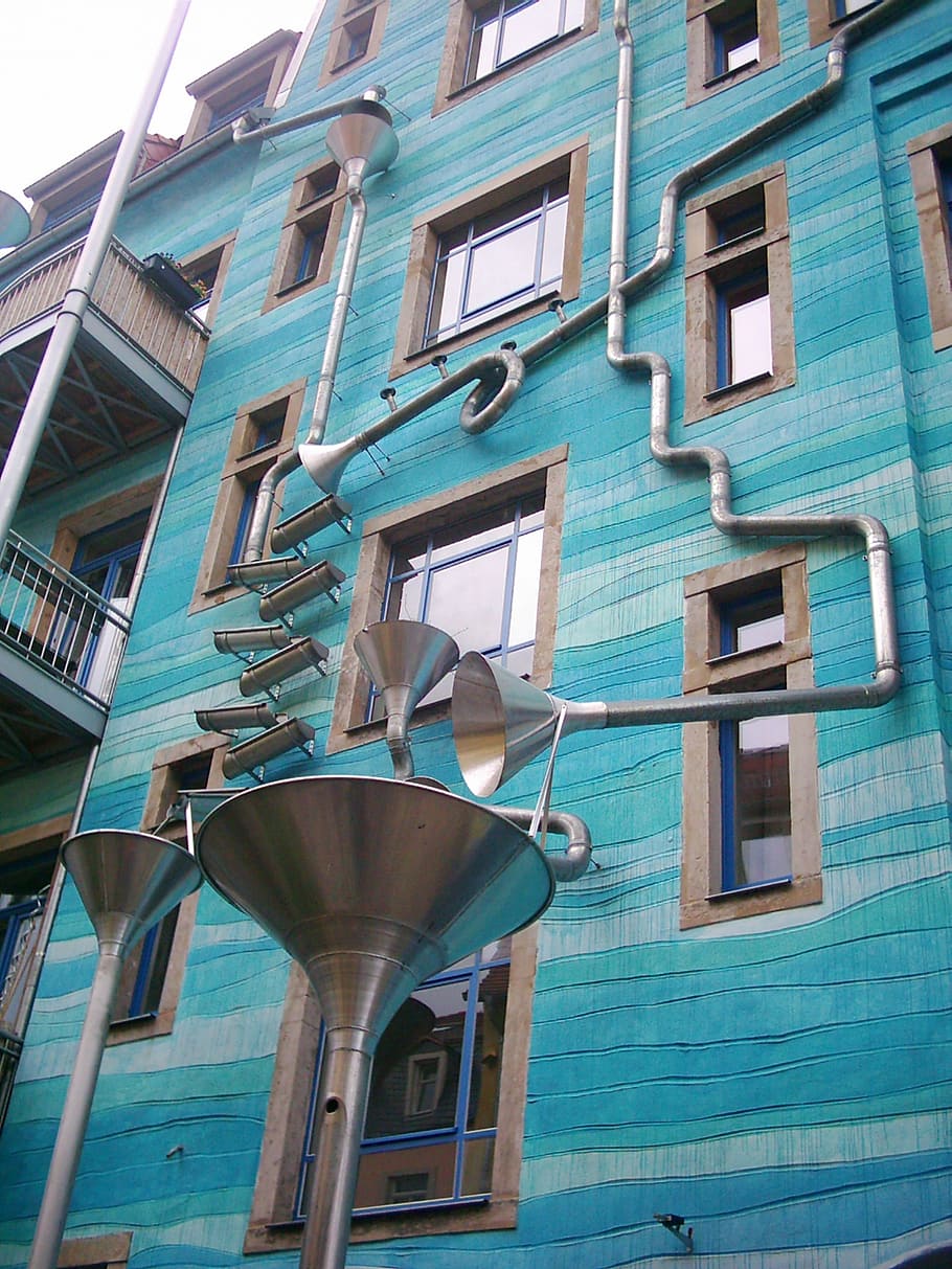 facade, facade art, rain gutters, rain water game, art, architecture, blue, the elements of justice, dresden, neustadt, kunsthof passage