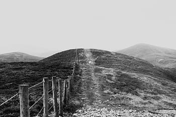 fotografie ve stupních šedi, krajina, ve stupních šedi, fotografie, pole, Černý a bílý, kopců, plotový plot, skály, tráva, Šedá