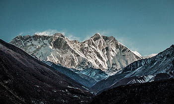 mountain, covered, white, snow, blue, sky, winter, cold, weather, ice, nature