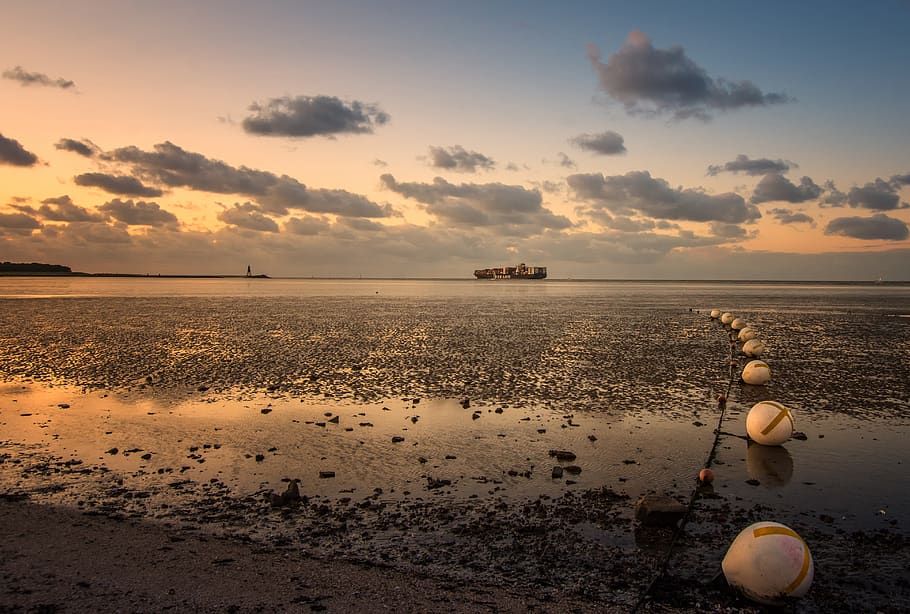 north sea, water, wadden sea, landscape, low tide, lighting, ebb, summer, sunset, watts, clouds